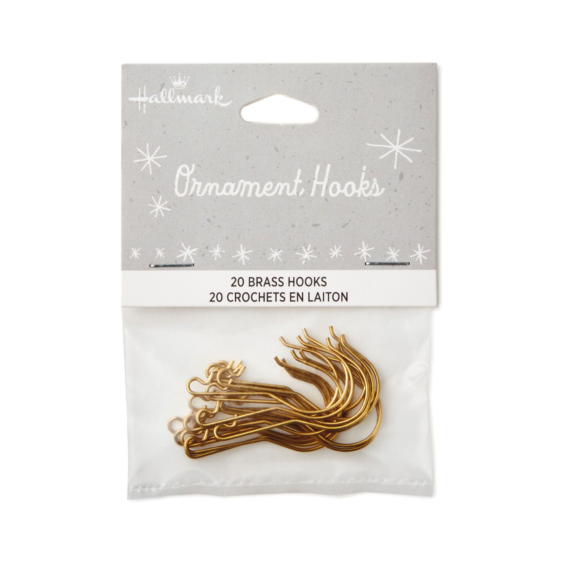 Ornament hooks (brass), set of 20 — Hallmark Keepsake Christmas ornament accessory in clear packaging displaying hooks.