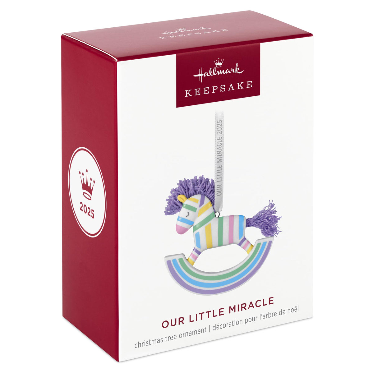 Our Little Miracle — 2025 Hallmark Keepsake Christmas ornament in gift packaging, featuring a pastel striped rocking horse design.