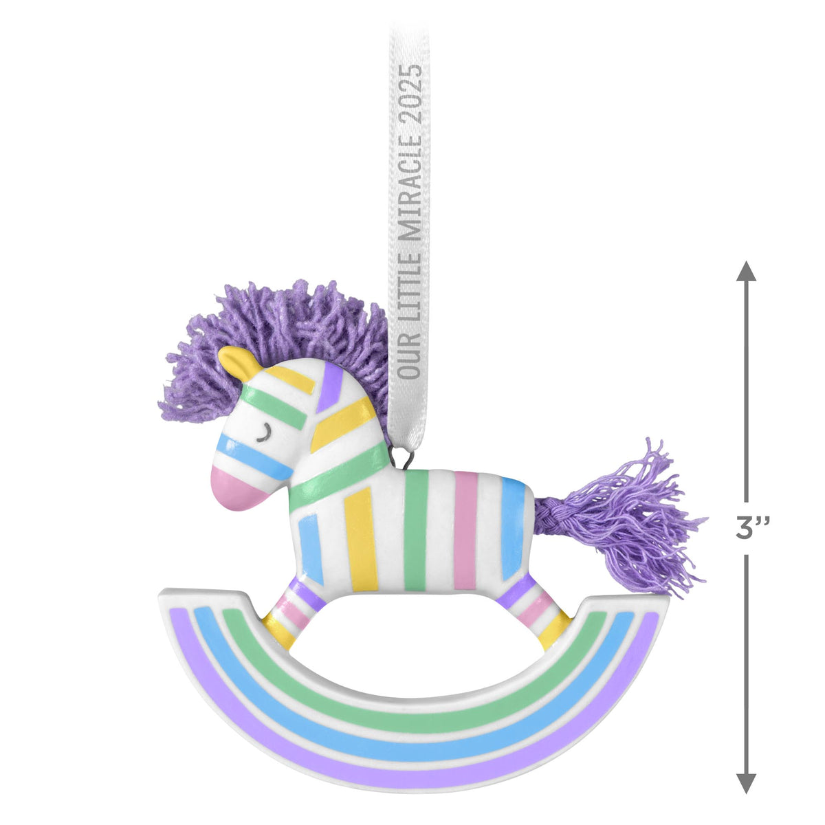 Our Little Miracle — 2025 Hallmark Keepsake Christmas Ornament, pastel striped rocking horse with lavender mane, front view, 7.6 cm