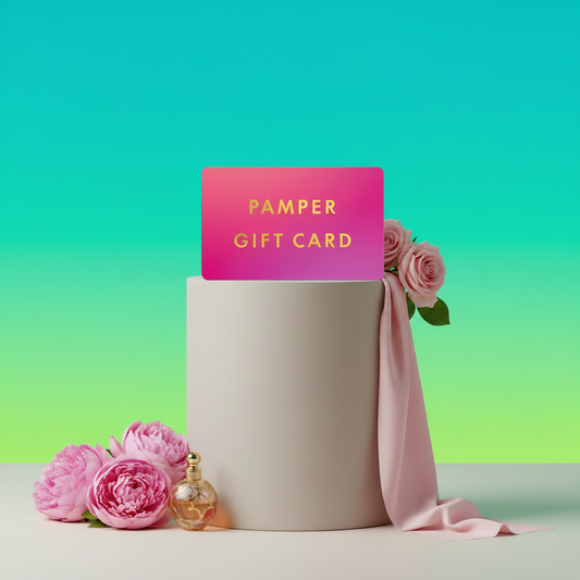 Pamper gift card with pink roses and a bottle on a gradient background