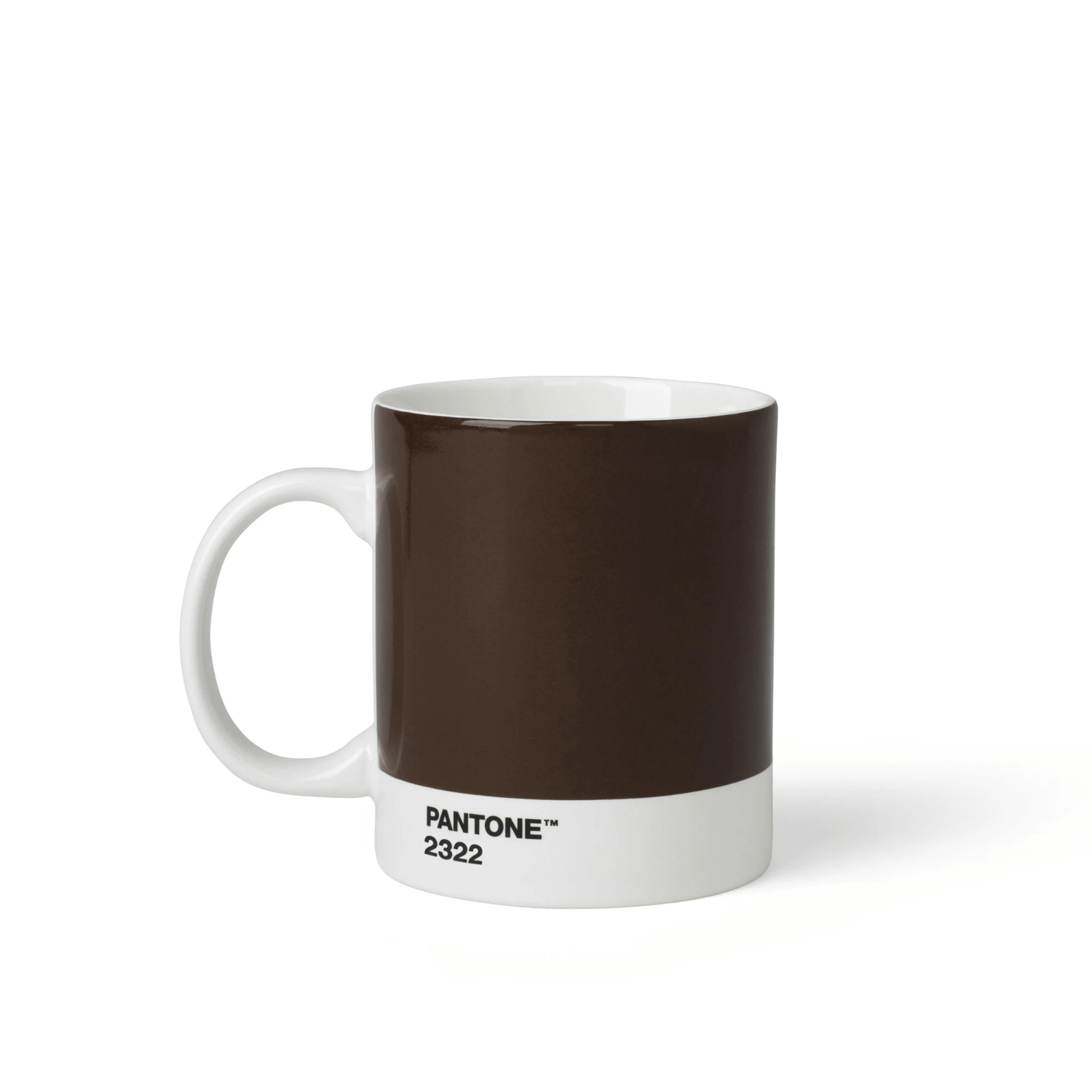 Pantone mug, brown 2322, fine china ceramic, angled view showing glossy finish and branding detail.