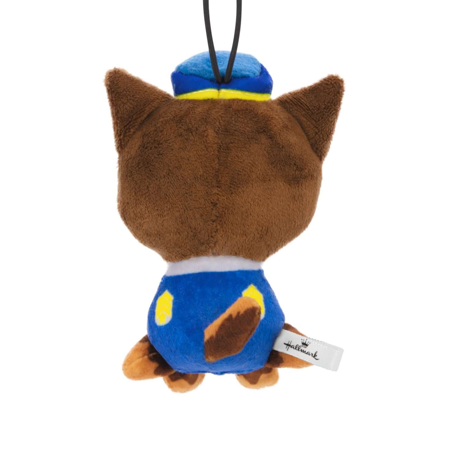 Paw Patrol Chase, plush fabric - Hallmark Christmas ornament, back view showing detailed stitching and police attire.