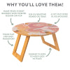 Abstract foldable picnic table with flower design, featuring details on materials and usage benefits in an informative layout.
