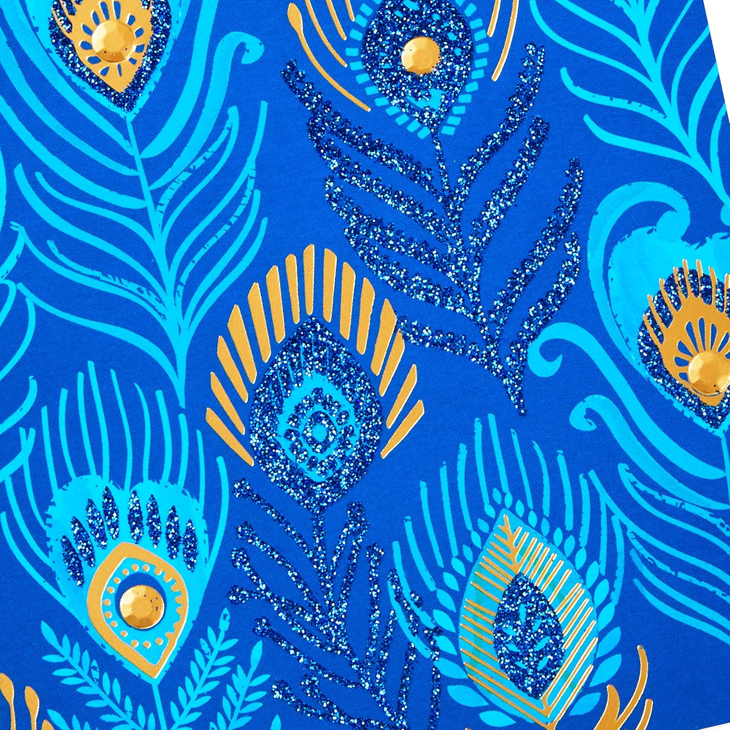 Hallmark All Occasion Cards Assortment Birthday, Congratulations, Blank Cards featuring vibrant blue peacock feather design with glitter embellishments in close up.