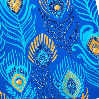 Hallmark All Occasion Cards Assortment Birthday, Congratulations, Blank Cards featuring vibrant blue peacock feather design with glitter embellishments in close up.