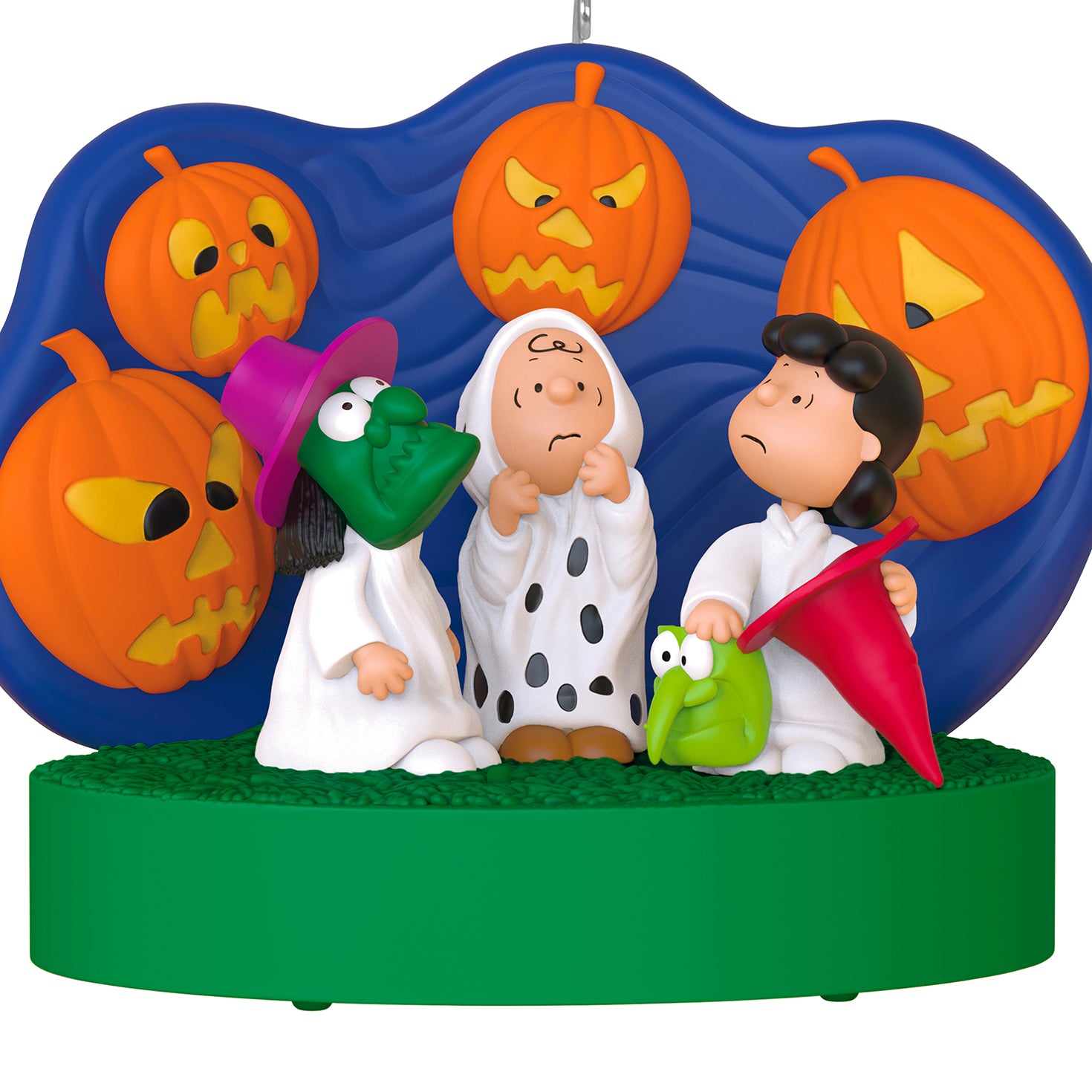 The Peanuts® Gang 60th Anniversary Spooked Trick-or-Treaters With Light and Sound — 2026 Hallmark Keepsake Halloween Ornament, featuring characters in costumes with jack-o'-lanterns backdrop.