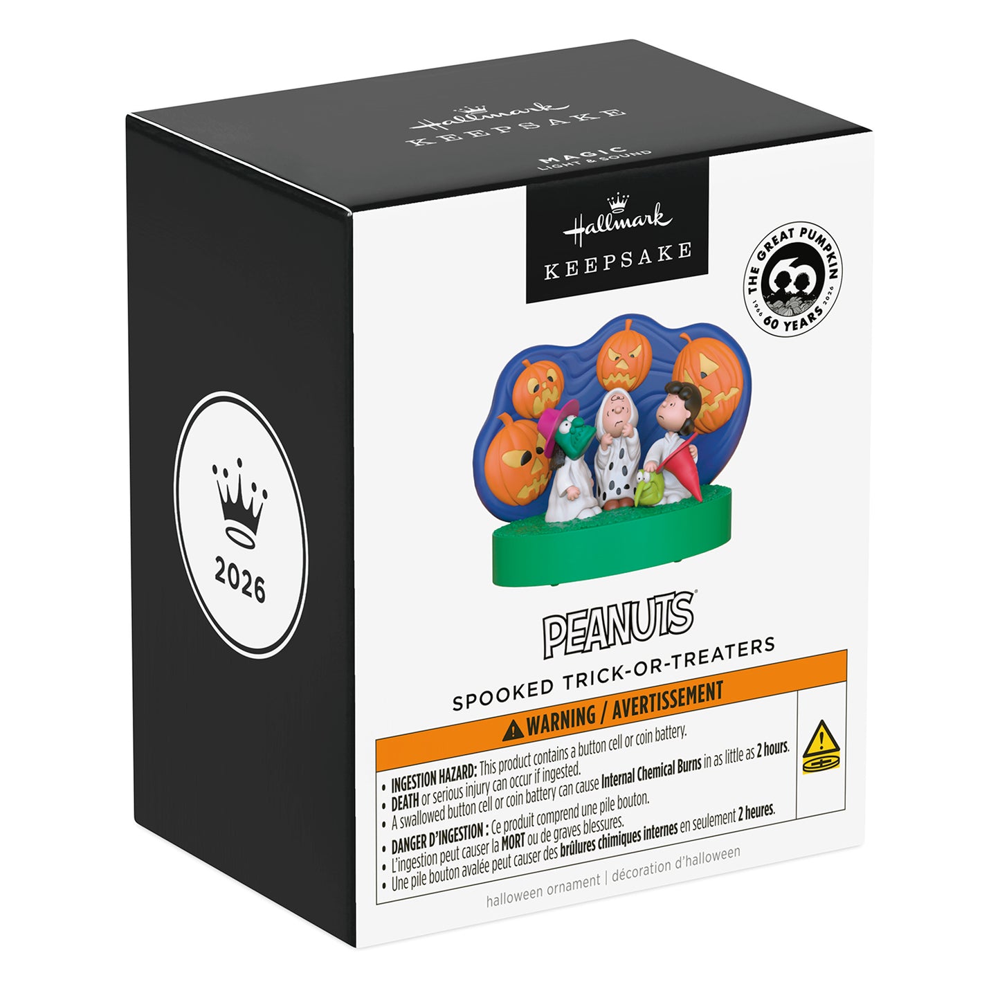The Peanuts® Gang 60th Anniversary Spooked Trick-or-Treaters With Light and Sound — 2026 Hallmark Keepsake Halloween Ornament in collector's packaging.