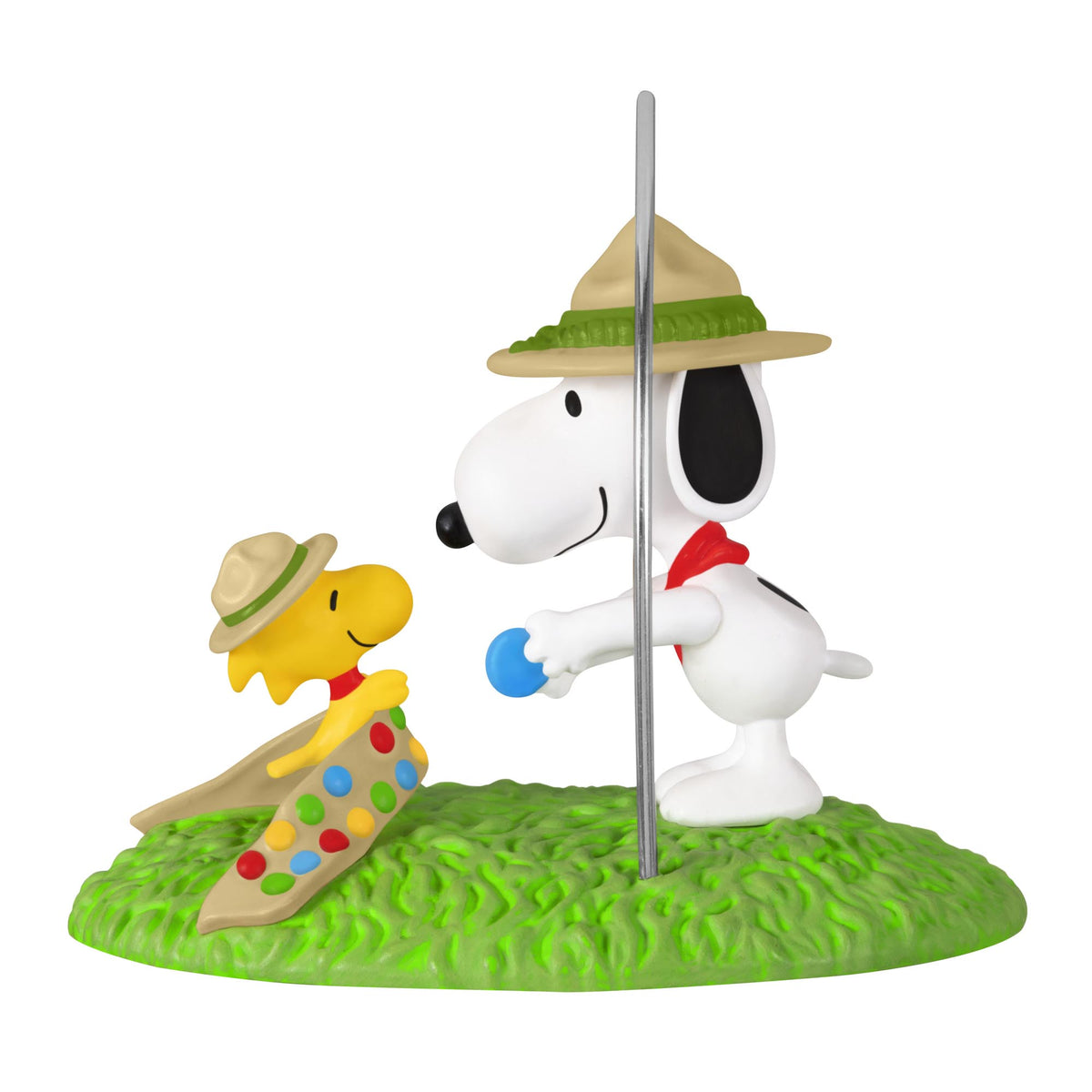 Peanuts® Merit Badge Ceremony — 2025 Hallmark Keepsake Christmas Ornament featuring Snoopy and Woodstock in scout hats, detailed figurine on grass base.