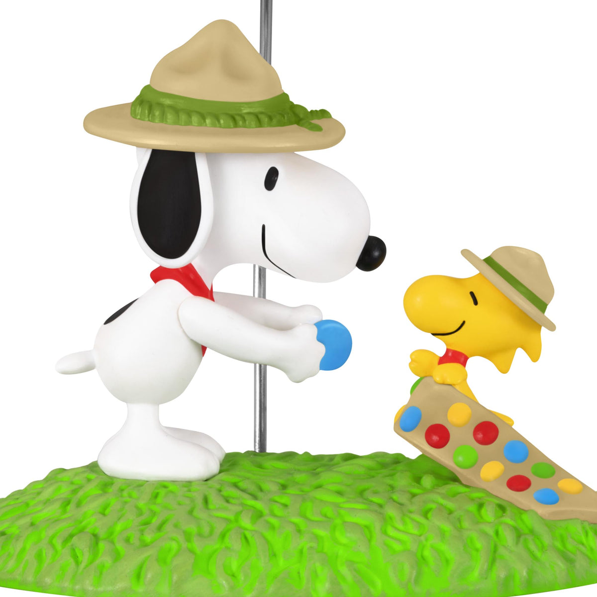 Peanuts® Merit Badge Ceremony — 2025 Hallmark Keepsake Christmas Ornament featuring Snoopy and Woodstock in scout hats, close-up view.