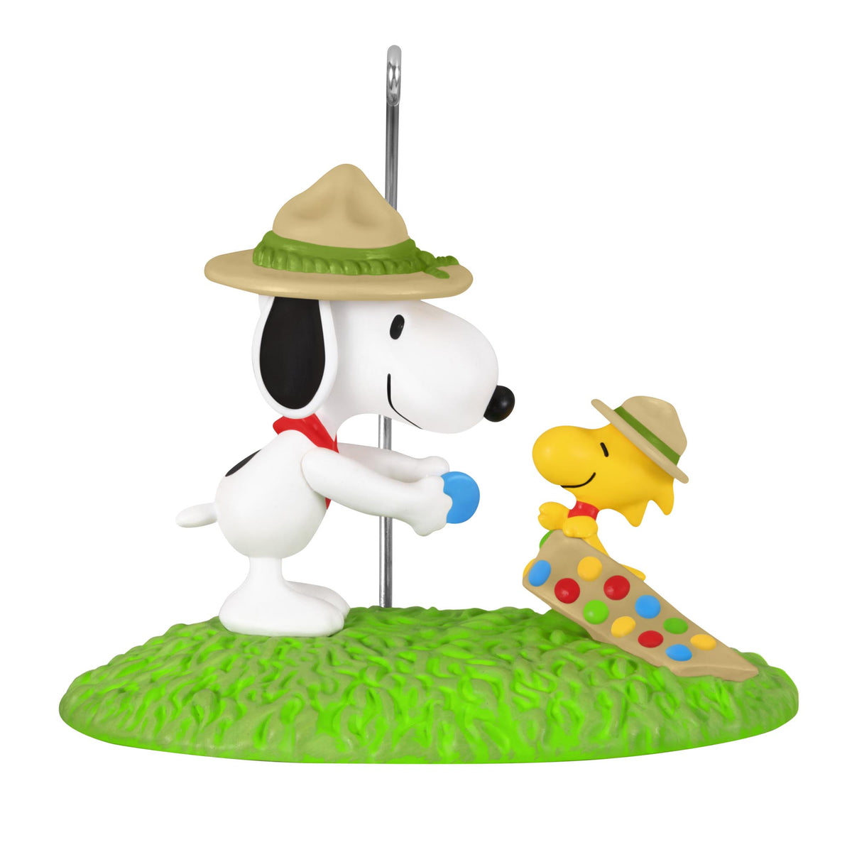 Peanuts® Merit Badge Ceremony — 2025 Hallmark Keepsake Christmas Ornament featuring Snoopy and Woodstock in scout hats on green base.