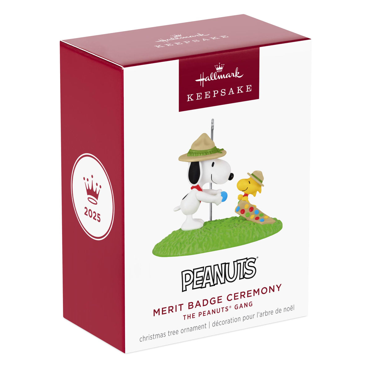 Peanuts® Merit Badge Ceremony — 2025 Hallmark Keepsake Christmas Ornament in decorative packaging featuring Snoopy and Woodstock.