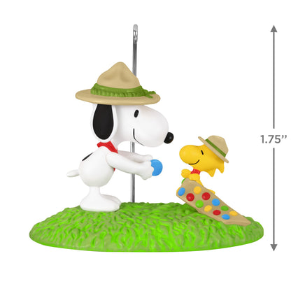 Peanuts® Merit Badge Ceremony — 2025 Hallmark Keepsake Christmas Ornament featuring Snoopy and Woodstock on a grassy base with detail.