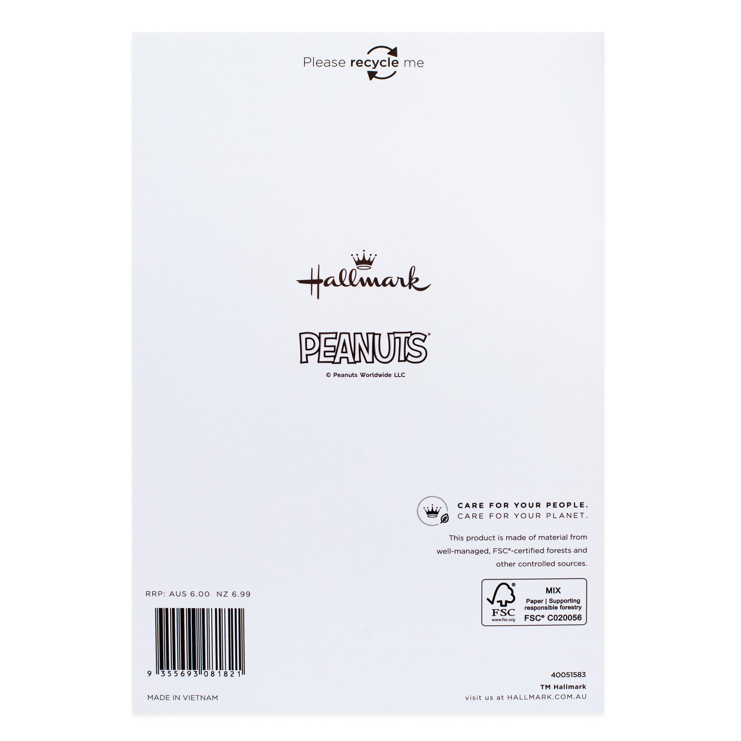Hallmark Peanuts® Father's Day Card - Happy Place back design featuring recycling message, Hallmark and Peanuts logos on a white background.