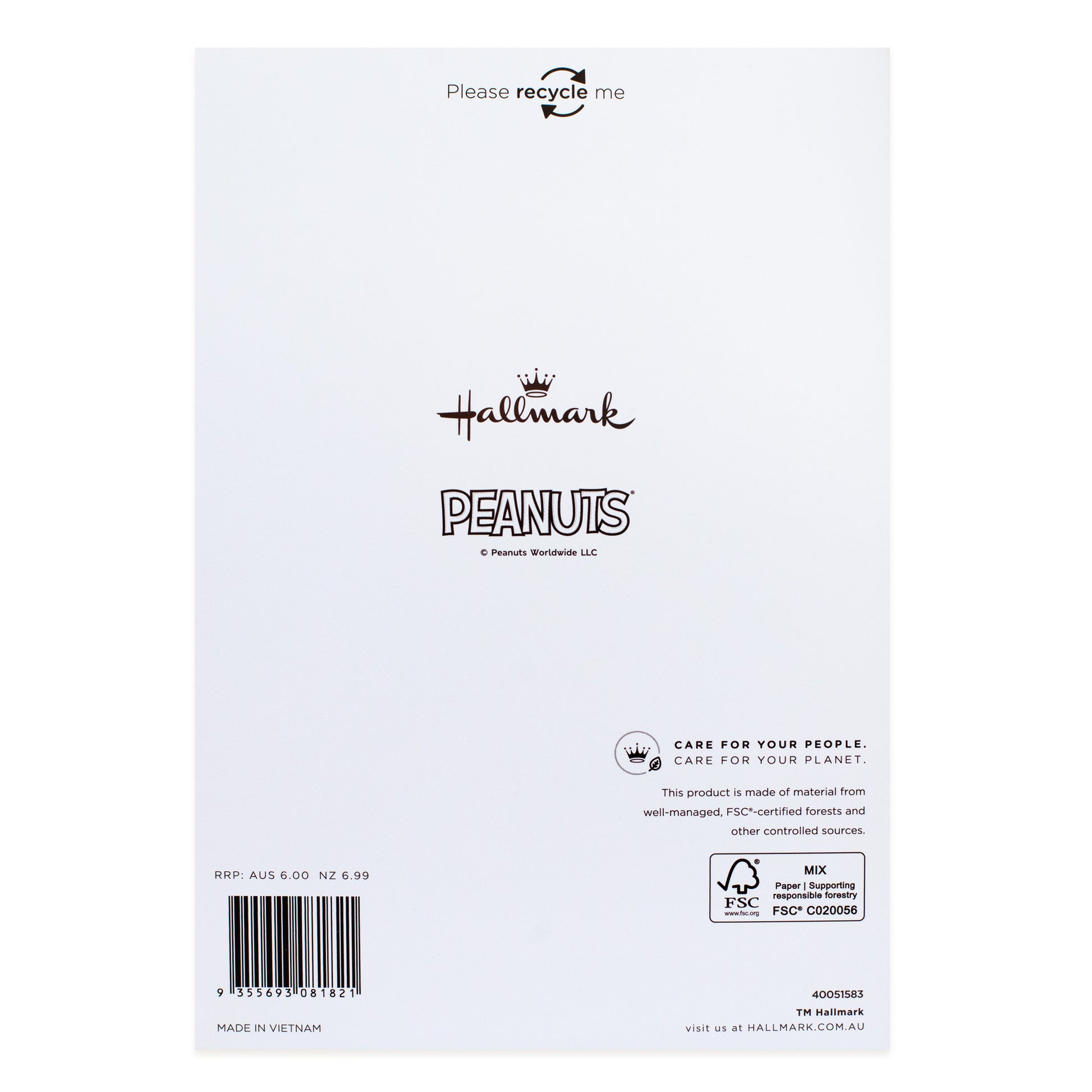 Hallmark Peanuts® Father's Day Card - Happy Place back design featuring recycling message, Hallmark and Peanuts logos on a white background.