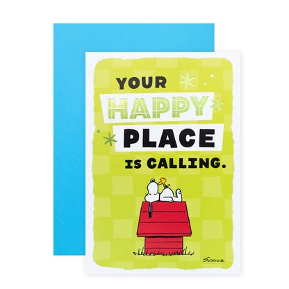 Hallmark Peanuts® Father's Day Card - Happy Place featuring Snoopy and Woodstock on a green checkered background with foil accents.