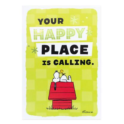 Hallmark Peanuts® Father's Day Card - Happy Place featuring Snoopy on a red dog house with a green checkered background.