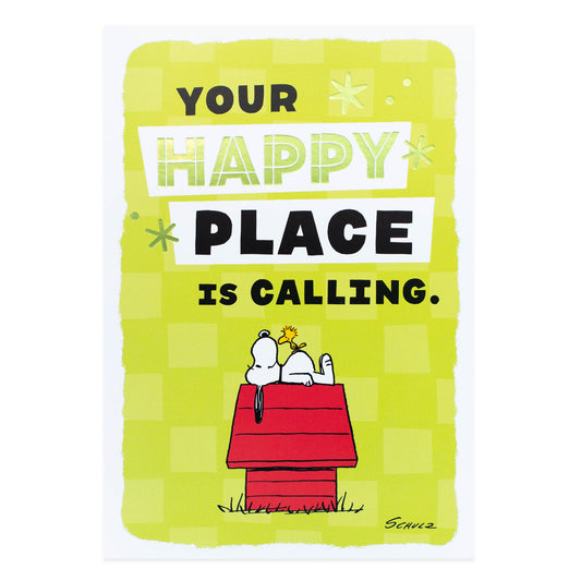 Hallmark Peanuts® Father's Day Card - Happy Place featuring Snoopy on a red dog house with a green checkered background.