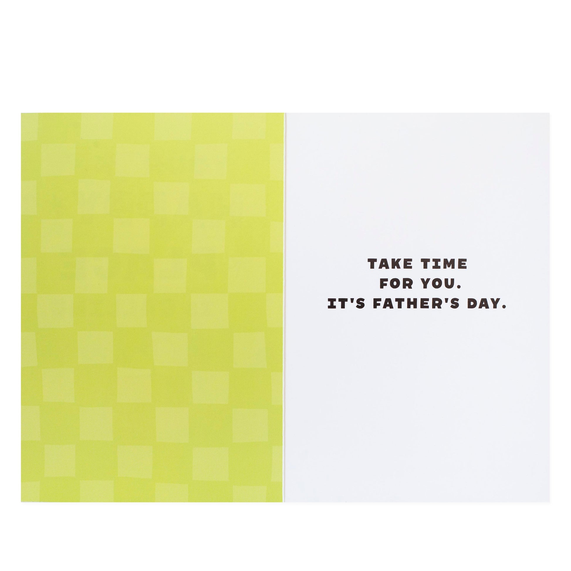 Hallmark Peanuts® Father's Day Card - Happy Place inside view with green checkered background and message 'Take time for you. It's Father's Day.'