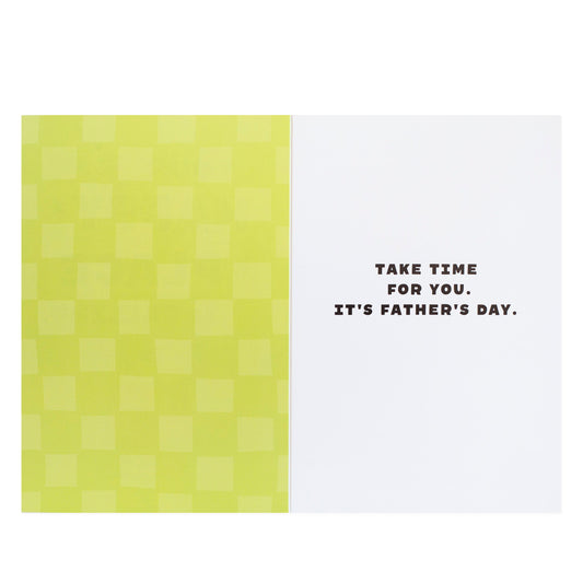 Hallmark Peanuts® Father's Day Card - Happy Place inside view with green checkered background and message 'Take time for you. It's Father's Day.'