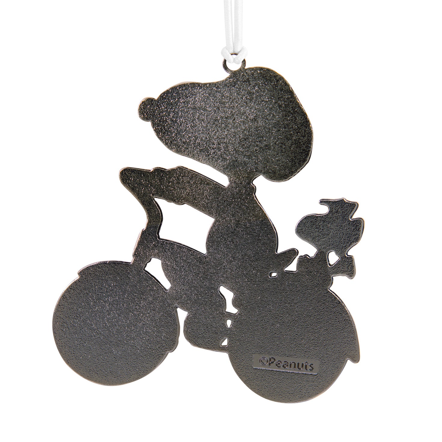 Peanuts® Snoopy and Woodstock on Bicycle With Dimension — Hallmark Christmas Ornament in black silhouette design featuring Snoopy riding a bike.