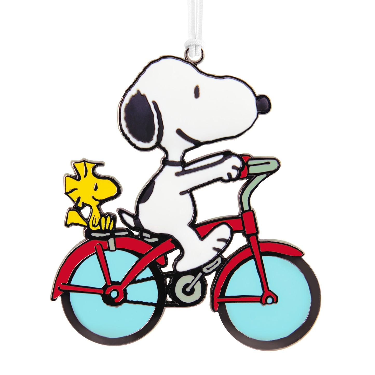 Peanuts® Snoopy and Woodstock on Bicycle With Dimension — Hallmark Christmas Ornament, colourful metal decoration, close-up view.