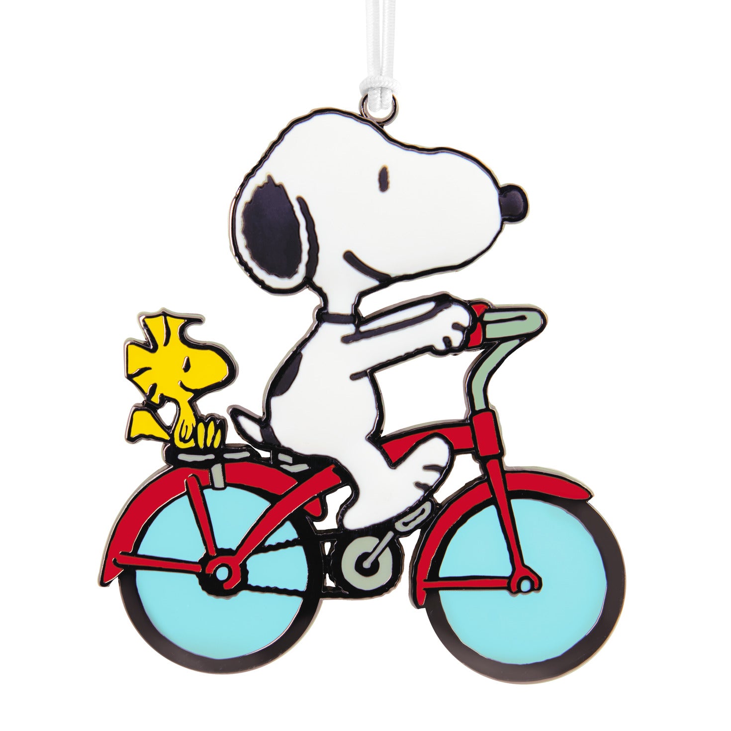 Peanuts® Snoopy and Woodstock on Bicycle With Dimension — Hallmark Christmas Ornament, colourful metal decoration, close-up view.