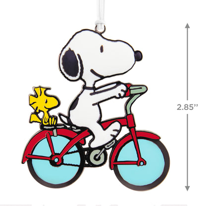 Peanuts® Snoopy and Woodstock on Bicycle With Dimension — Hallmark Christmas Ornament, colourful metal decoration, close-up view showcasing detail, 7.3 cm tall