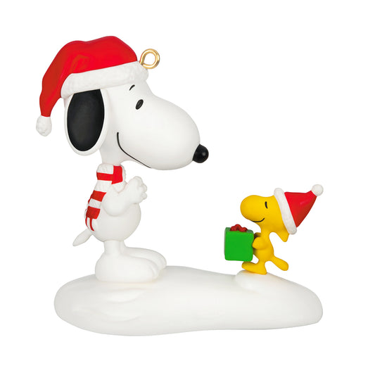 Peanuts® Spotlight on Snoopy The Perfect Gift, 29th in the Series — 2026 Hallmark Keepsake Christmas Ornament, close up view of Snoopy and Woodstock on snow.