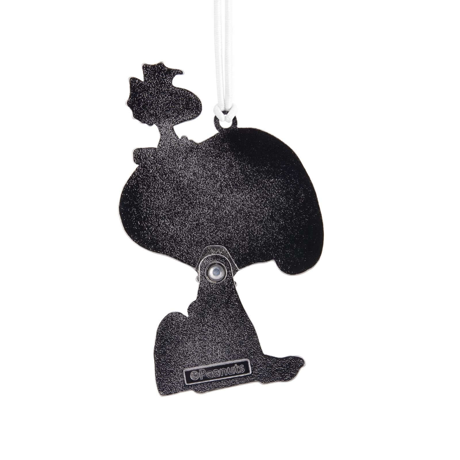Peanuts® Snoopy and Woodstock - Hallmark Christmas ornament, metal silhouette design featuring Woodstock and Snoopy, hanging view.