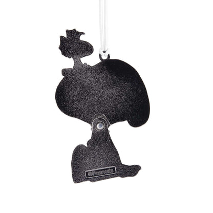 Peanuts® Snoopy and Woodstock - Hallmark Christmas ornament, metal silhouette design featuring Woodstock and Snoopy, hanging view.