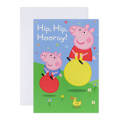 Hallmark Interactive Sound Card - Peppa Pig featuring Peppa and George on bouncing balls with 'Hip Hip Hooray!' message on vibrant background.
