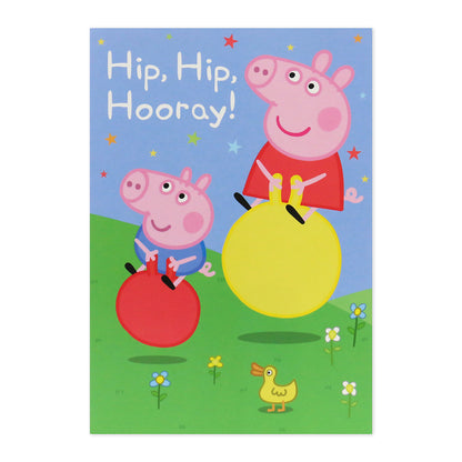 Hallmark Interactive Sound Card - Peppa Pig featuring Peppa and George on bouncing balls with the greeting 'Hip, Hip, Hooray!'