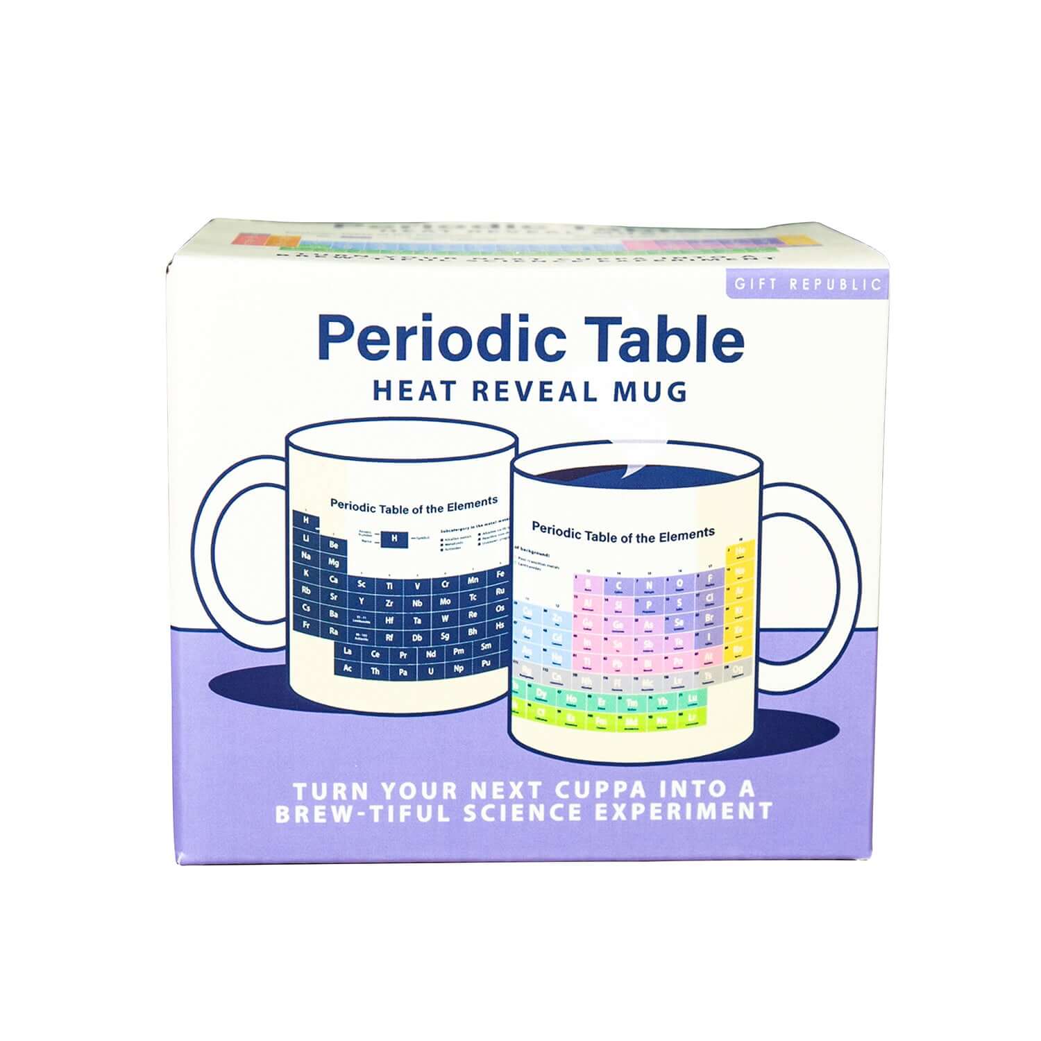 Gift Republic - Periodic Table Heat Reveal Mug in packaging featuring colourful periodic table design and instructional text.