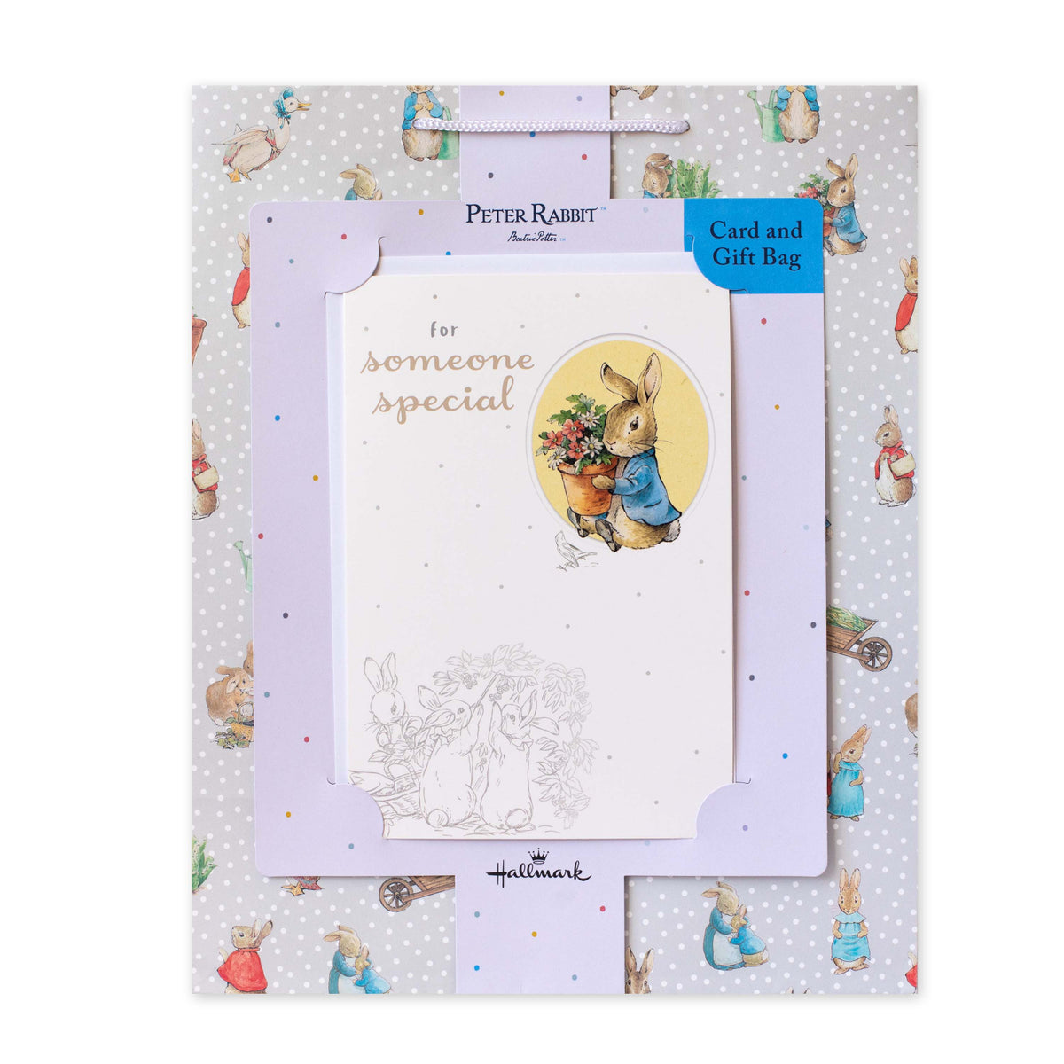 Hallmark Large Gift Bag & Card Bundle - Peter Rabbit featuring a stylish gift bag with a matching card, decorated in colourful Peter Rabbit designs.