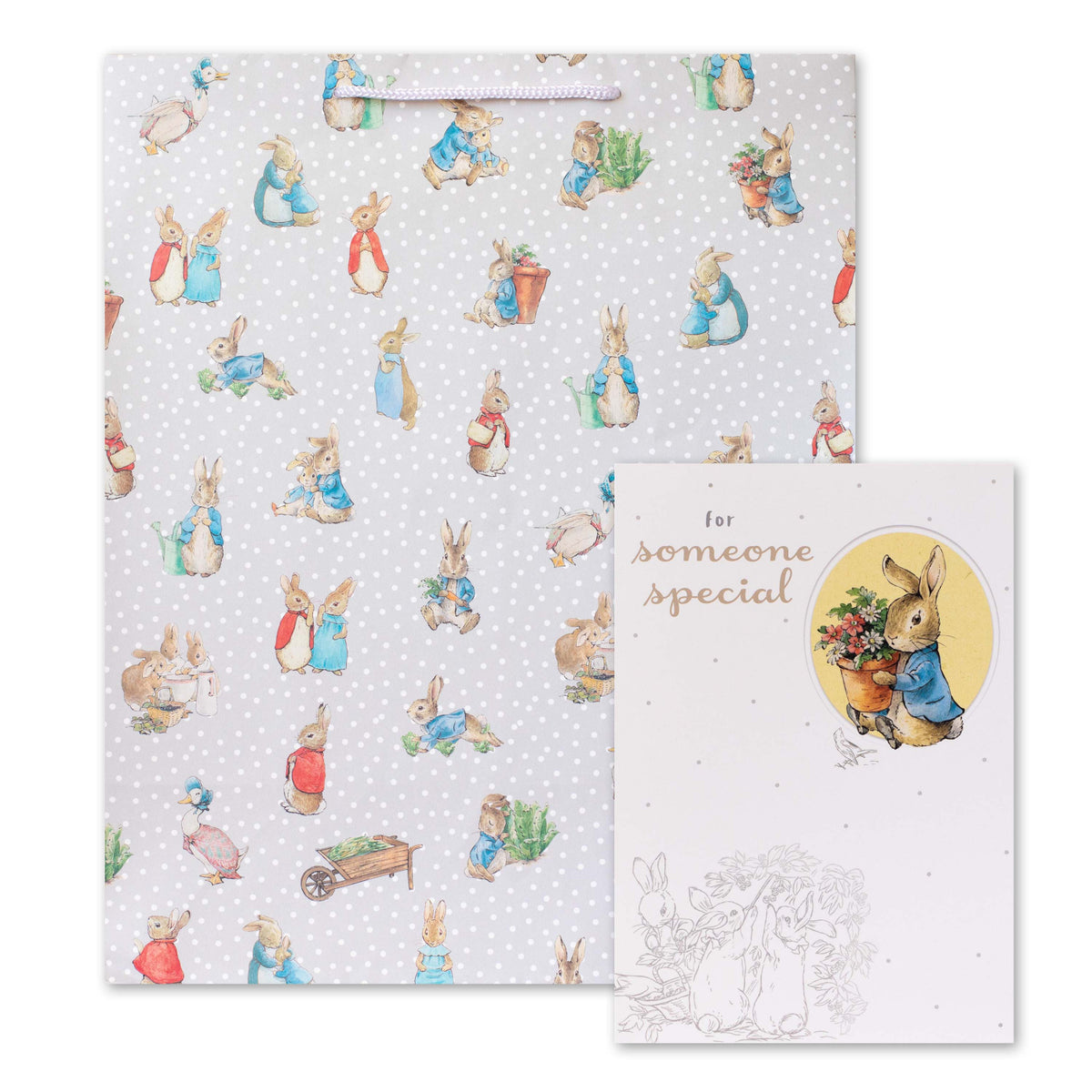 Hallmark Large Gift Bag & Card Bundle - Peter Rabbit featuring whimsical illustrations on a polka dot background, with a matching card.