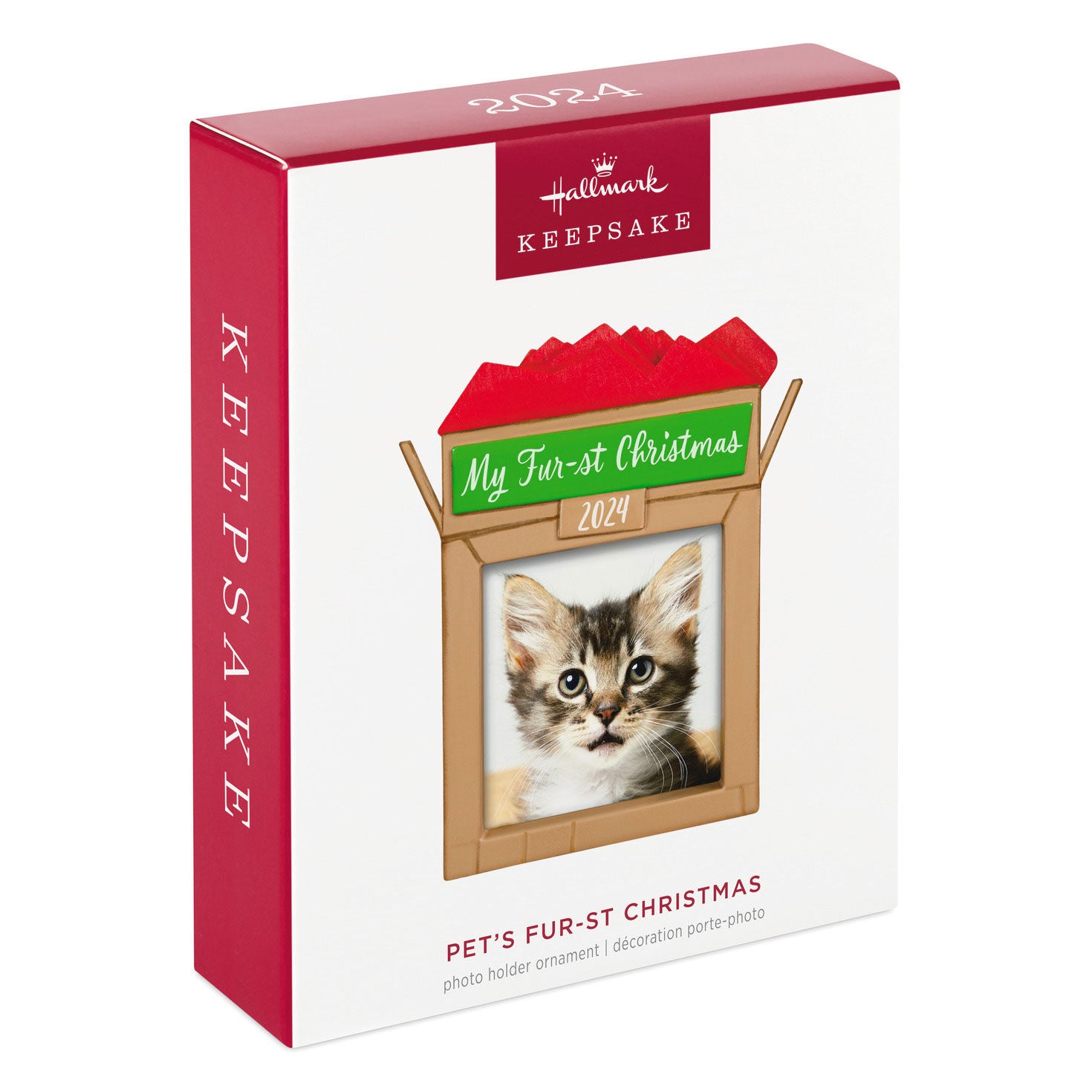 Pet's Fur-st Christmas Photo Frame — Hallmark Keepsake Christmas Ornament in gift box with red tissue paper and personalised photo slot.