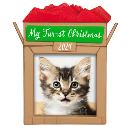 Pet's Fur-st Christmas photo frame — Hallmark Keepsake Christmas ornament with red gift box design and photo placeholder featuring a kitten.