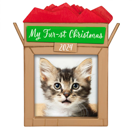 Pet's Fur-st Christmas photo frame — Hallmark Keepsake Christmas ornament with red gift box design and photo placeholder featuring a kitten.