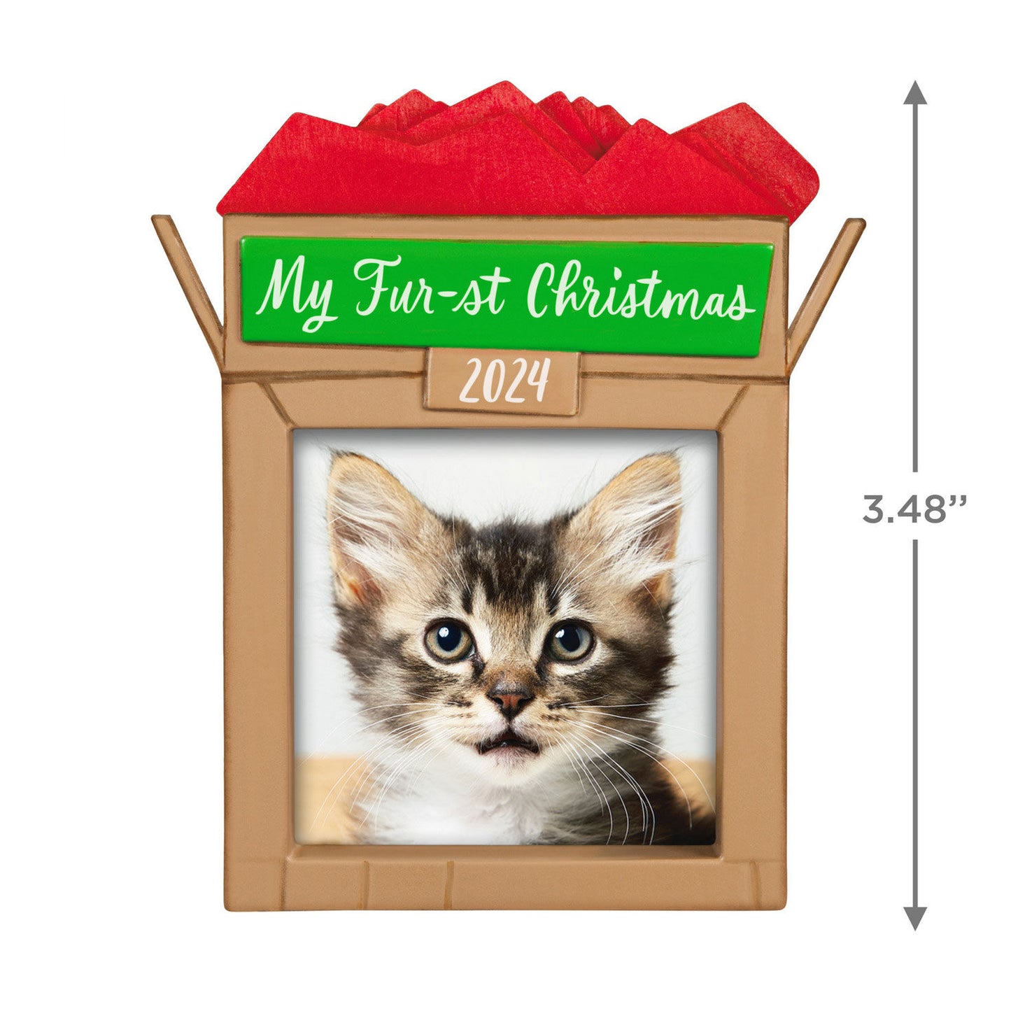 Pet's Fur-st Christmas Photo Frame — Hallmark Keepsake Christmas Ornament with red tissue and kitten photo slot, 3.48 inches tall