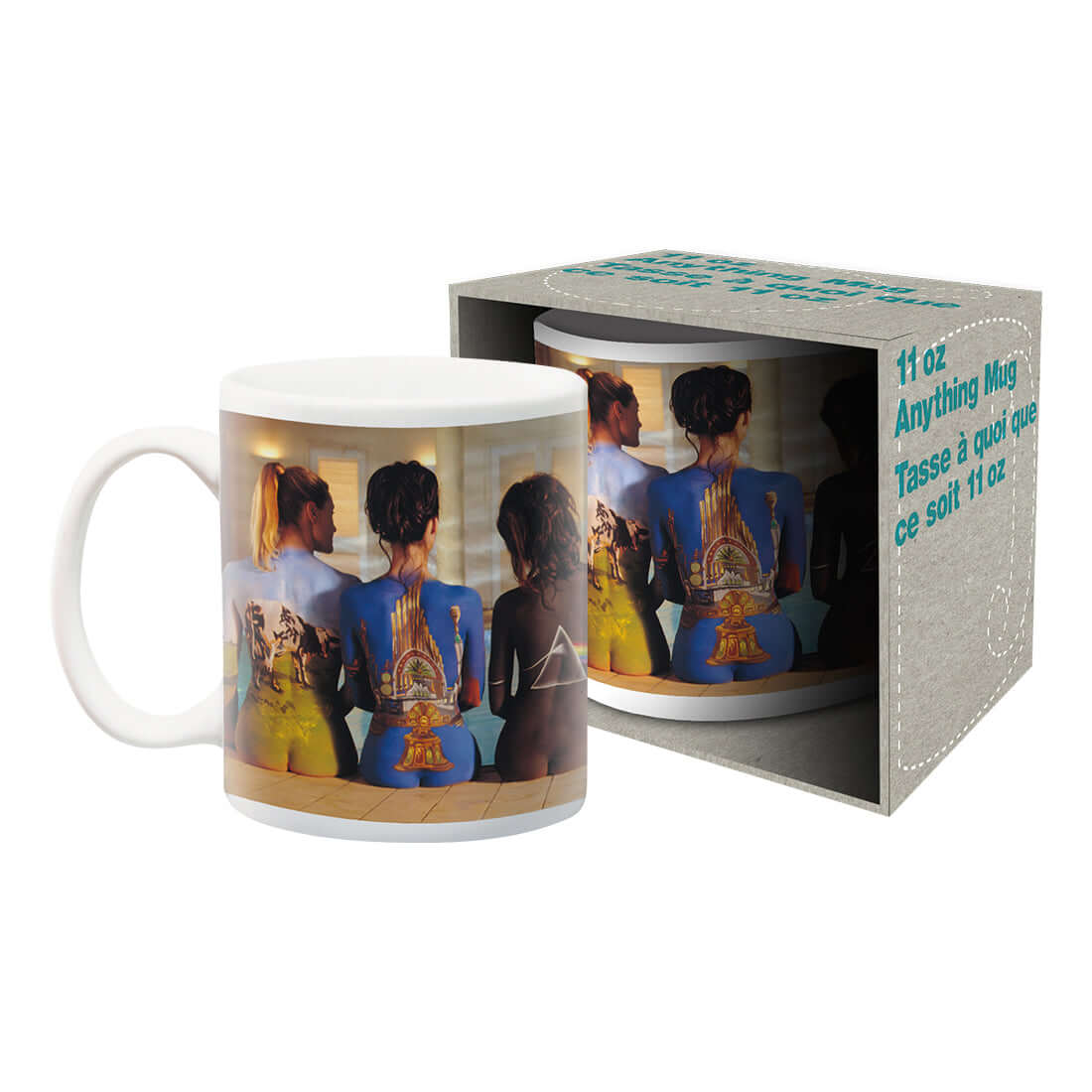 Pink Floyd - Back Art Ceramic Mug featuring a detailed image of painted backs on a white mug, shown with gift box, 11 oz.