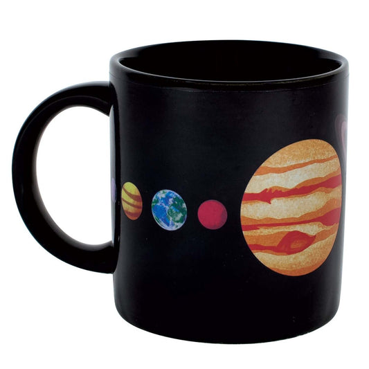 Unemployed Philosophers Guild - Planet Mug in black with artistic planet illustrations, featuring Jupiter, Earth, and Mars.