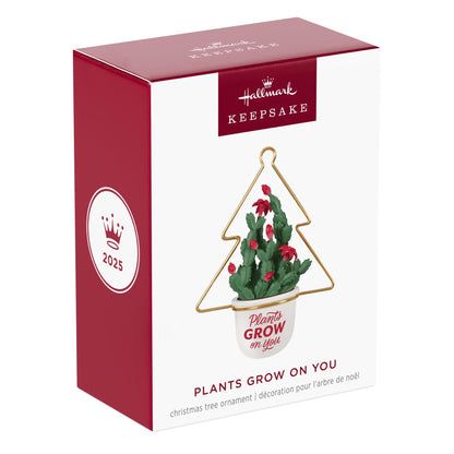Plants Grow On You — 2025 Hallmark Keepsake Christmas Ornament packaging box featuring a Christmas cactus design and gold tree hanger.