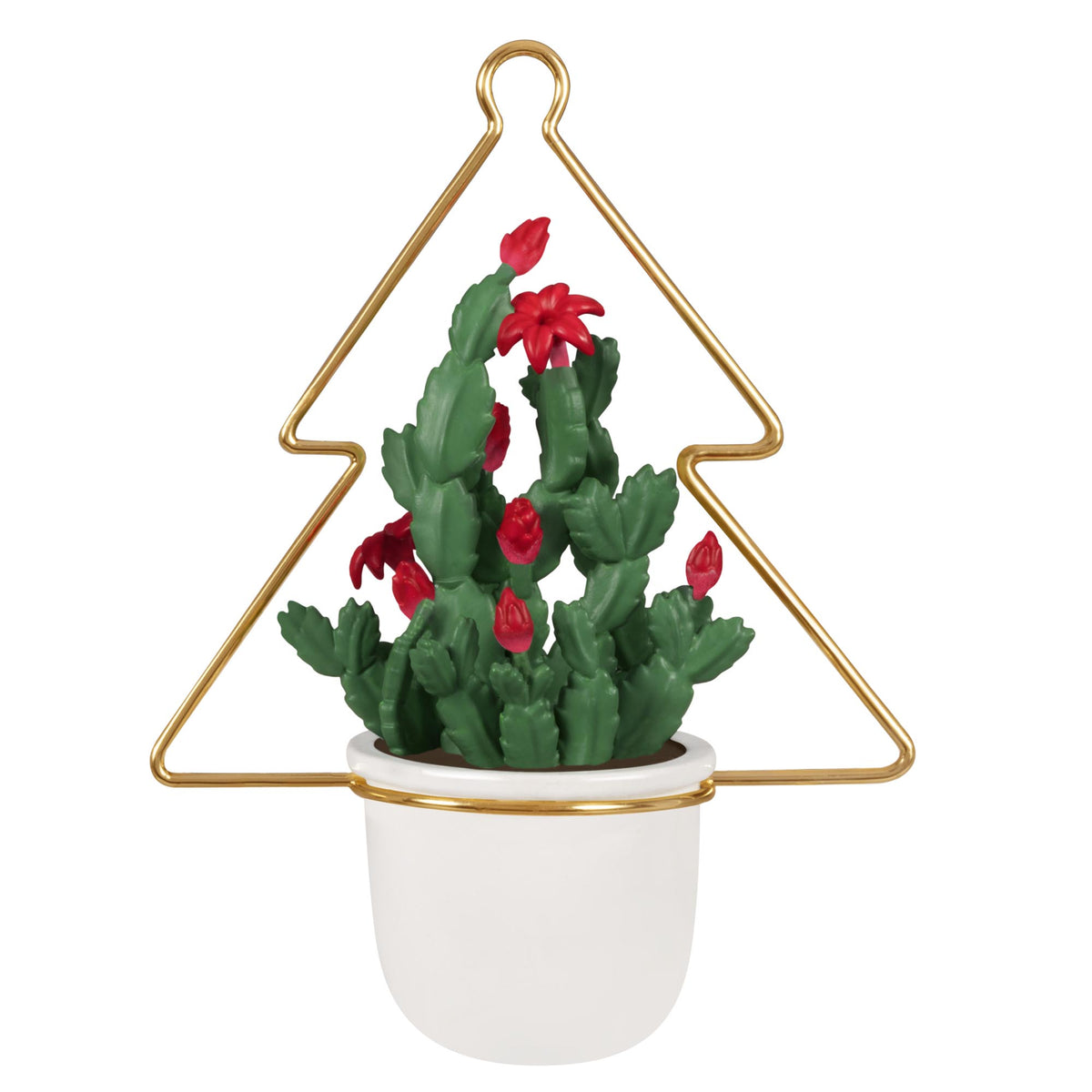 Plants Grow On You — 2025 Hallmark Keepsake Christmas Ornament, cactus decoration in white planter with gold hanger, detailed view.