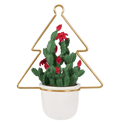 Plants Grow On You — 2025 Hallmark Keepsake Christmas Ornament, cactus decoration in white planter with gold hanger, detailed view.