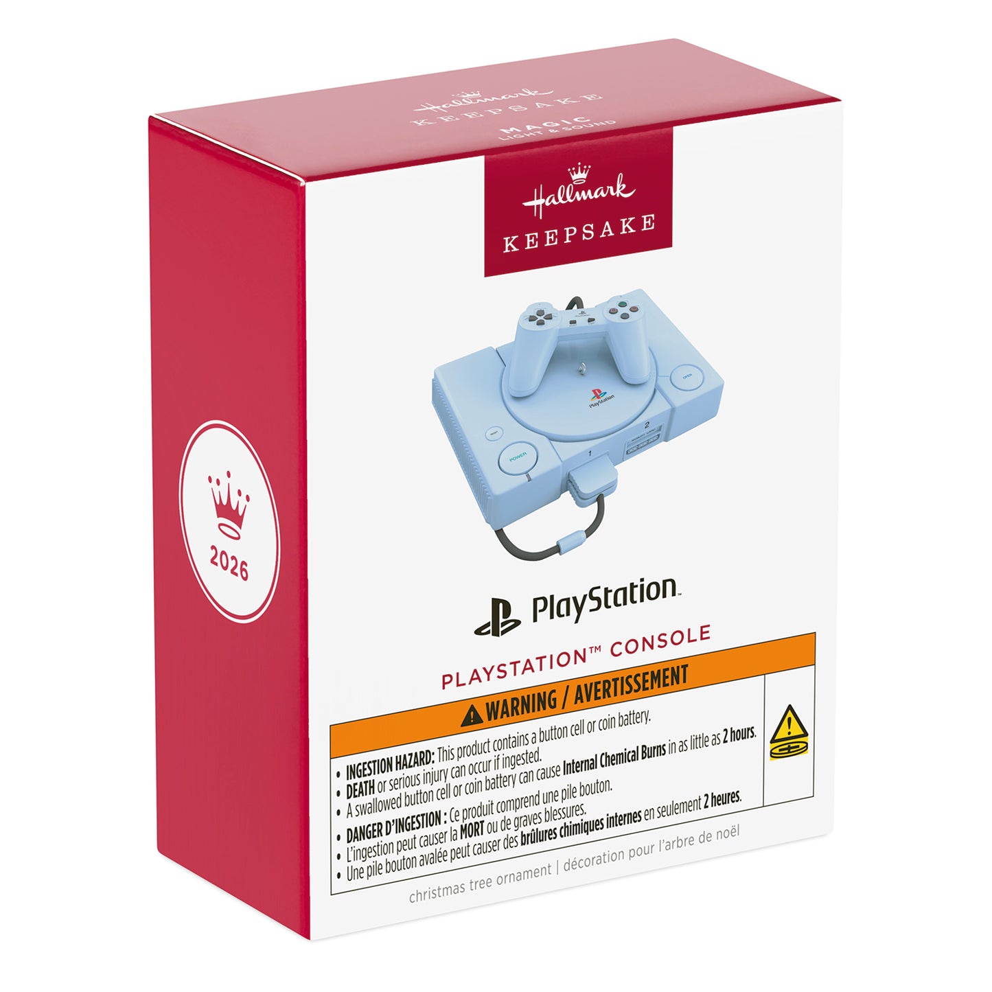 PlayStation™ Console With Light and Sound — 2026 Hallmark Keepsake Christmas Ornament packaging in red and white box.