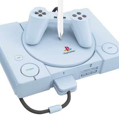 PlayStation™ Console With Light and Sound — 2026 Hallmark Keepsake Christmas Ornament in blue with realistic controller detail, angled view.