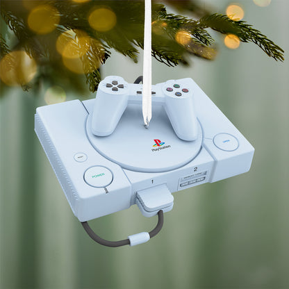 PlayStation™ Console With Light and Sound — 2026 Hallmark Keepsake Christmas Ornament hanging from a tree, featuring a controller and detailed buttons.