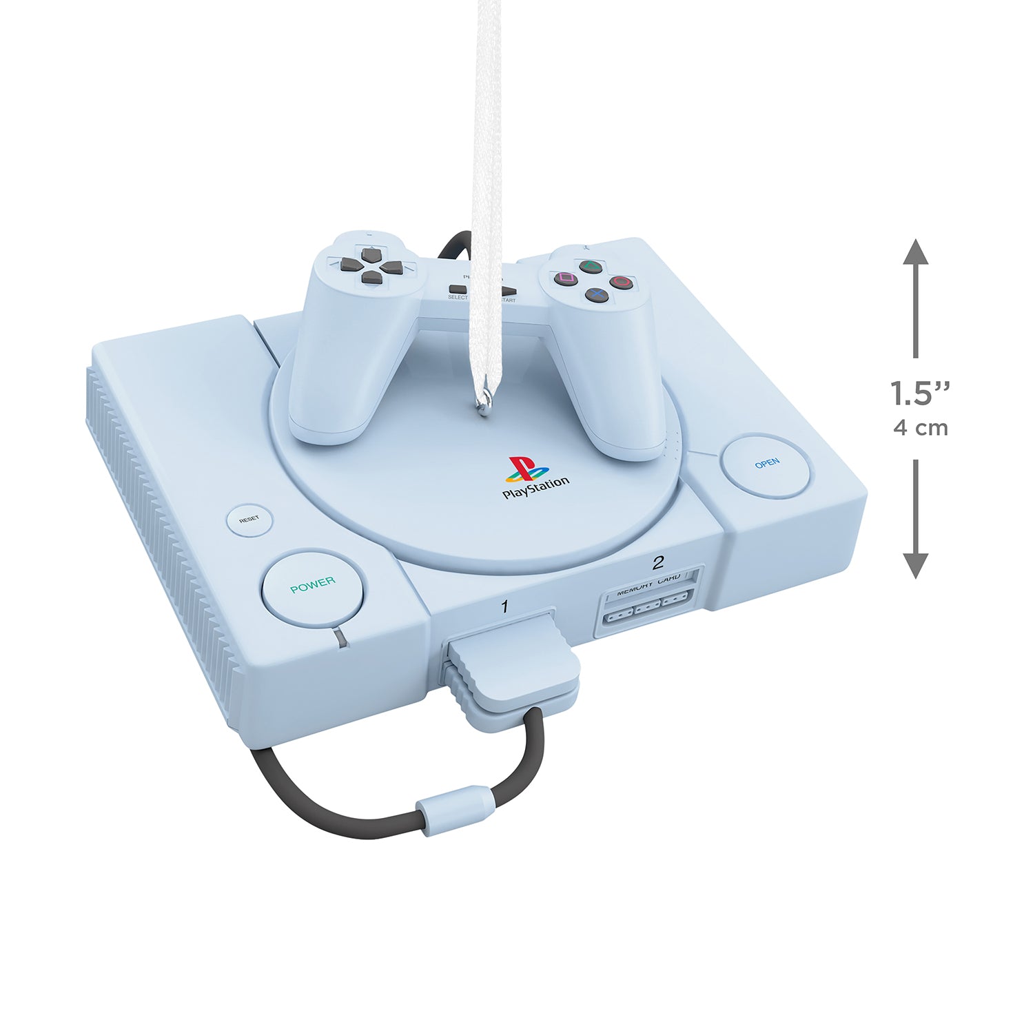 PlayStation™ Console With Light and Sound — 2026 Hallmark Keepsake Christmas Ornament, flat lay view showing detailed design and hanging cord.