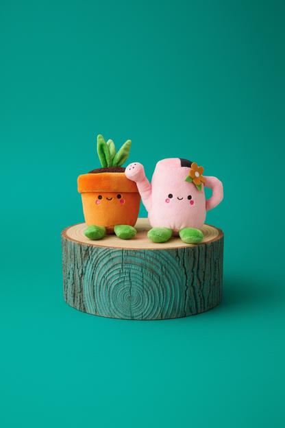 Plush pair on log slice, teal background
