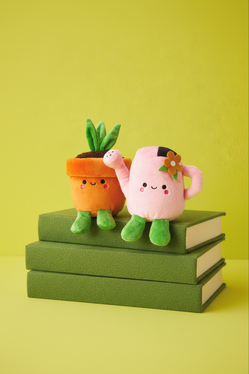 Plush pair on stacked books, lime green background